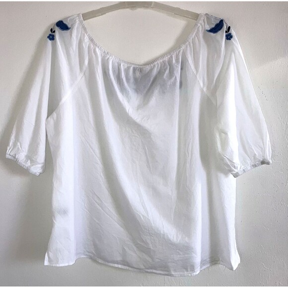 TANTRUMS XXL 1X White 100% Cotton Blue Embroidered Peasant Top 3/4 Puff Sleeve - Picture 4 of 6